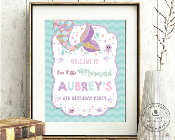 Mermaid Tail Birthday Party Welcome Sign, EDITABLE TEMPLATE, Under the Sea Pool Printable Poster, Decor, Turquoise Chevron Gold, INSTANT MT3 Il_570xn
