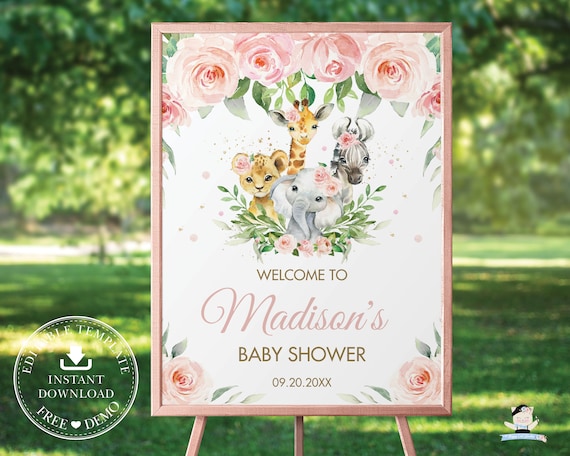 Jungle Animals Welcome Sign, EDITABLE TEMPLATE, Diy Blush Pink Floral Greenery Baby Shower Birthday Poster Decoration INSTANT Download, JA6 Il_570xn