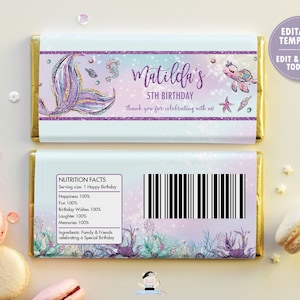 Mermaid Chocolate Bar Wrapper, Candy Bar Aldi Hershey&#39;s, Baby Shower Birthday Favors, Instant Download, Under the Sea, EDITABLE TEMPLATE MT2