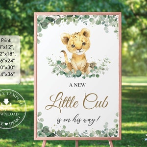 Cute Lion Cub Greenery Welcome Sign, EDITABLE TEMPLATE, Chic Jungle Animal Boy Baby Shower Birthday Poster Decoration INSTANT Download LN3