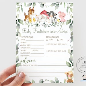 Baby Voraussagen und Ratschläge Karte druckbar, SOFORTIGER DOWNLOAD, Grüne Bauernhof Tiere Scheunenhof Neutral Baby Shower Diy Pdf Spiel Aktivität, BY5