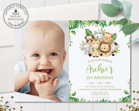 Jungle Animals Birthday Photo Invitation, EDITABLE TEMPLATE, Tropical Greenery Cute Forest Safari Boy 1st Birthday Invite Printable Pdf, JA2 Il_570xn