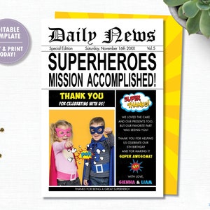Superhelden-Dankeskarte, EDITIERBARE VORLAGE, Instant Download, Superhelden druckbar, junge Mädchen gemeinsame Zwillinge Geburtstagsparty Foto Digital, HP2