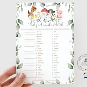 Baby Animal Match Game, TÉLÉCHARGEMENT INSTANTANÉ, Greenery Farm Animals Barnyard Neutral Baby Shower Noms d’animaux Quiz Card Activity Imprimable, BY5