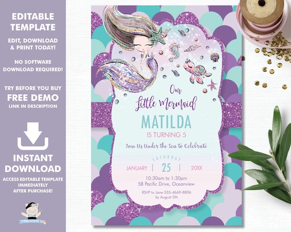 Mermaid Invitation, Mermaid Birthday Instant Download, Little Mermaid Printable, Under the Sea Invite, Pool Diy PDF EDITABLE TEMPLATE MT2 Il_570xn