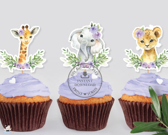 Jungle Animals Purple Floral Cupcake Toppers, INSTANT DOWNLOAD, Elephant Giraffe Lion Zebra, PRINTABLE File Baby Shower Birthday Party JA8 Il_570xn