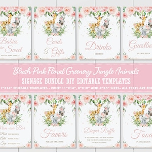 Jungle Animals Tabletop Sign Bundle, EDITABLE TEMPLATE, Pink Floral Greenery Girl Baby Shower Birthday Printable Signs, INSTANT Download JA6