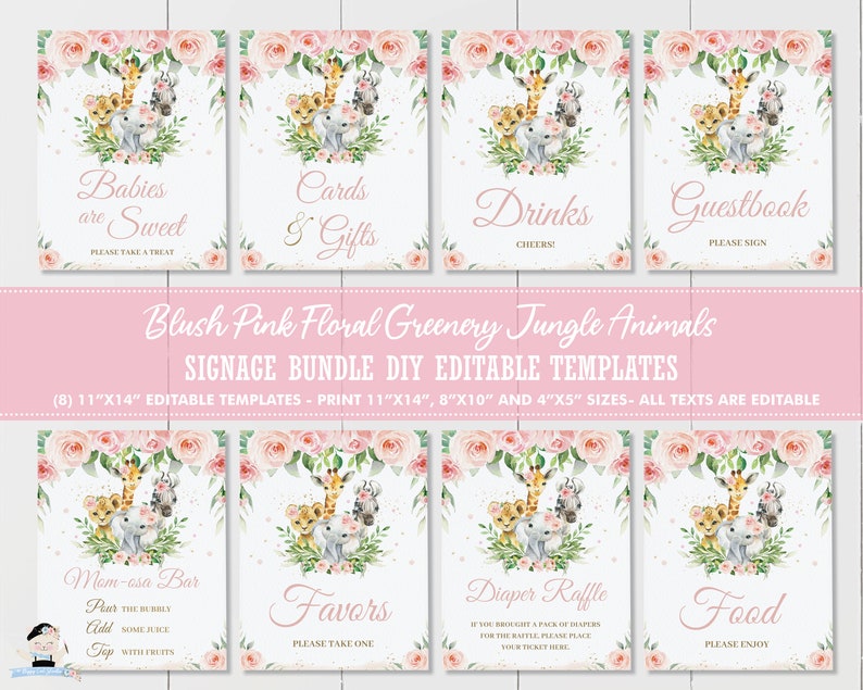 May include: Printable baby shower signage templates featuring jungle animals, blush pink flowers, and greenery. The signs include titles like "Babies are Sweet", "Cards & Gifts", "Drinks", "Guestbook", "Mom-asa Bar", "Favors", "Diaper Raffle", and "Food".