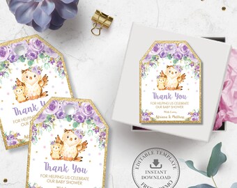 Peut inclure: Étiquettes cadeaux de remerciement pour une baby shower avec une bordure dorée scintillante. Les étiquettes présentent un motif de hibou à l'aquarelle avec des accents floraux violets et le texte "Thank You".