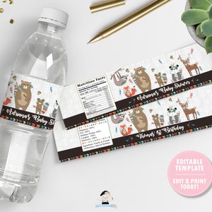 Woodland Animals Water Bottle Labels, EDITABLE TEMPLATE, Tribal Boho Birthday Baby Shower Stickers Favor Printable, Instant Download, WB1