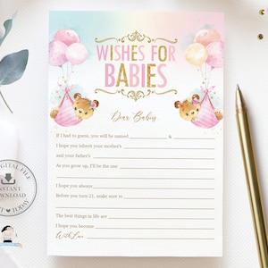 Teddyberen tweeling meisjes babyshower wensen voor baby's kaart, schattige tweeling knuffels roze ballonnen spelactiviteiten afdrukbaar, INSTANT DOWNLOAD, TB5