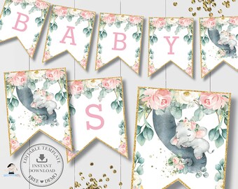 Cute Elephant Flag Banner, EDITABLE TEMPLATE, Eucalyptus Pink Floral Bunting Baby Shower 1st Birthday Decor Printable, INSTANT Download EP11