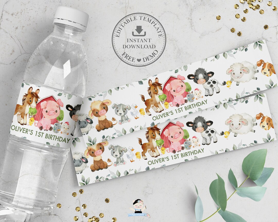 Cute Farm Animals Water Bottle Labels EDITABLE TEMPLATE Etsy