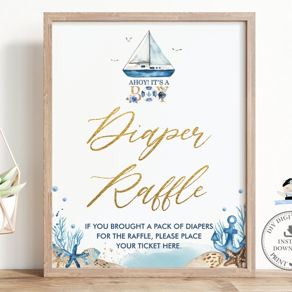 Diaper Raffle Sign INSTANT DOWNLOAD Nautical Blue Boat Ahoy It's a Boy Beach Baby Shower Bring a Pack of Diapers Fun Activity Printable NT2