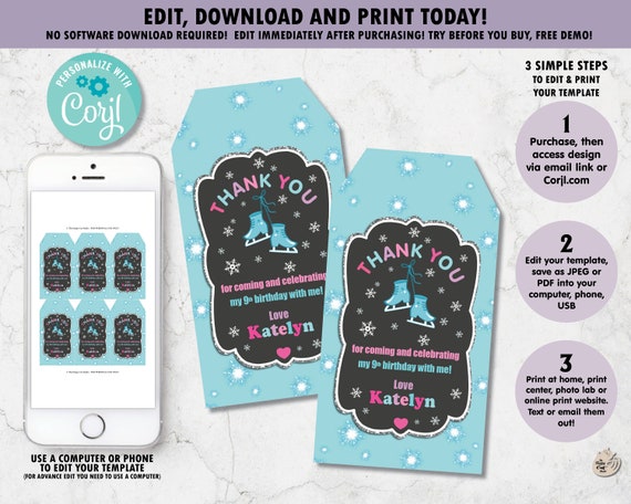 Ice Skating Personalized Thank You Tags, Favor, Gift Labels, Ice Skate, Digital Printable, Winter, Birthday Party, Girls, Lolly Loot Bag SK1 Il_570xn