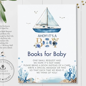 BEWERKBARE SJABLOON, Nautische Ahoy Het is een jongensboek voor babyluier invoegen, blauwe boot jacht baby shower extra info kaart afdrukbaar, INSTANT NT2