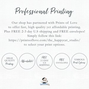 Puede incluir: Imagen promocional con el texto "Professional Printing". Anuncia una asociaci&oacute;n con Prints of Love para una impresi&oacute;n de alta calidad y asequible. Incluye iconos circulares con texto: "High Quality Printing", "Affordable!", "Free 2-3 Day U.S. Shipping", "Free Envelopes" y "Various Print Options."