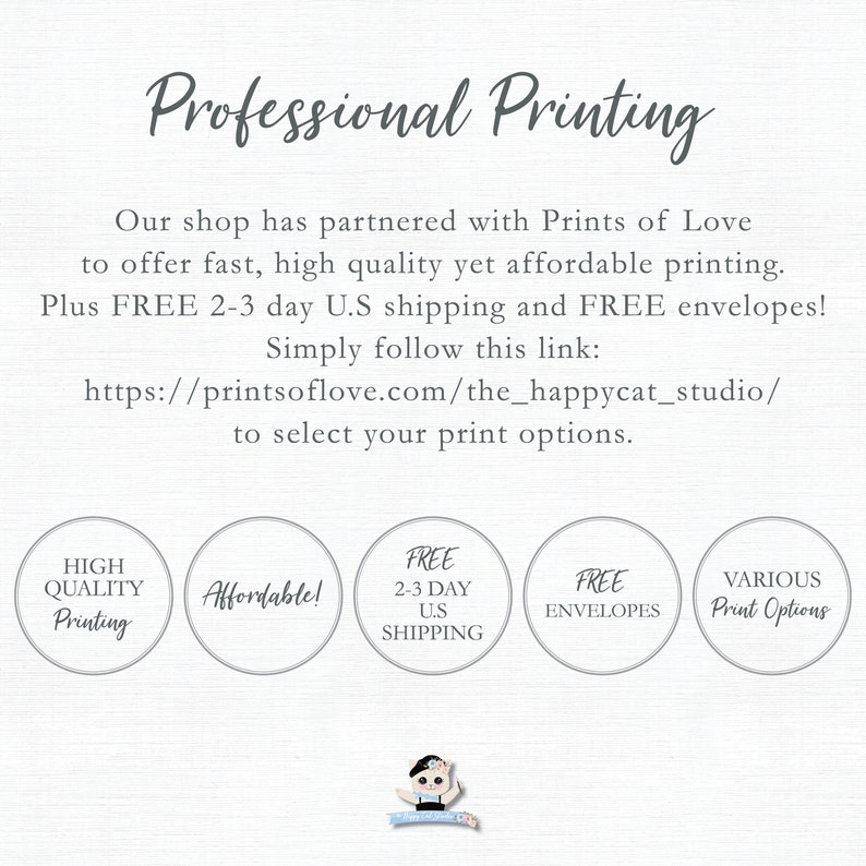 Puede incluir: Imagen promocional con el texto "Professional Printing". Anuncia una asociaci&oacute;n con Prints of Love para una impresi&oacute;n de alta calidad y asequible. Incluye iconos circulares con texto: "High Quality Printing", "Affordable!", "Free 2-3 Day U.S. Shipping", "Free Envelopes" y "Various Print Options."