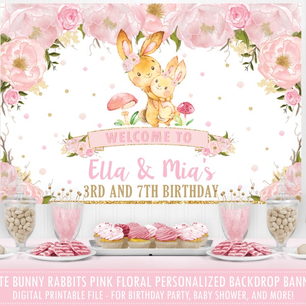 Cute Bunny Rabbits Backdrop Banner Printable, Blush Pink Floral Joint Sisters Twins Birthday Party, Baby Shower Back Drop Decor Digital, BR1