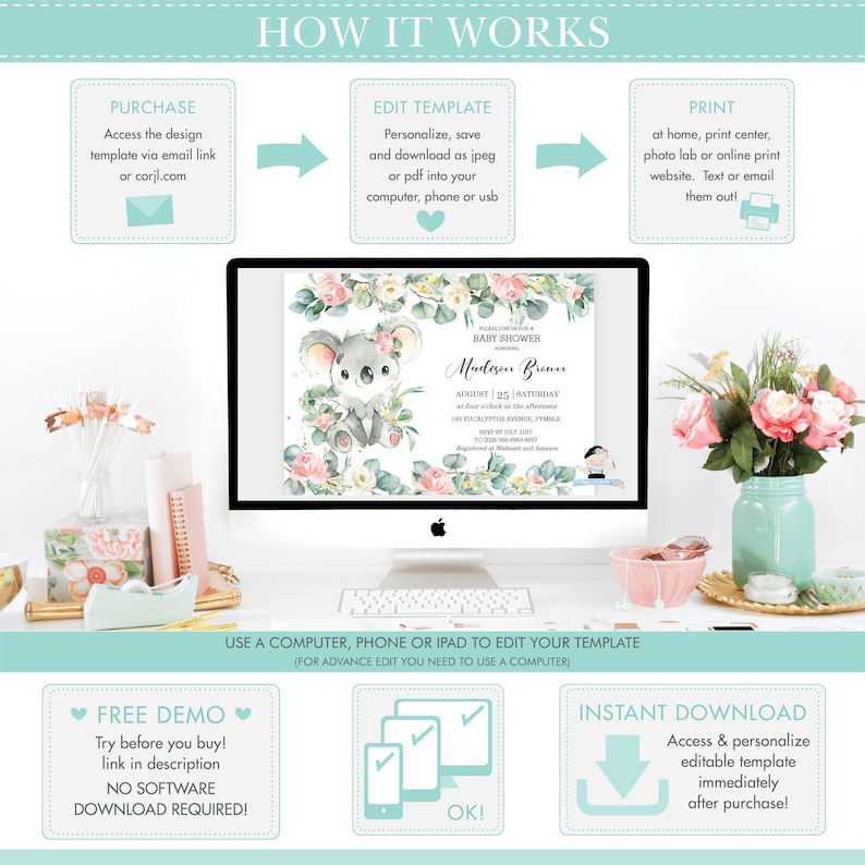 Koala Pink Floral Greenery 1st Birthday Monthly Milestone Photo Banner, EDITABLE TEMPLATE, Girl First Year Garland Decor Printable Pdf AU2 image 3