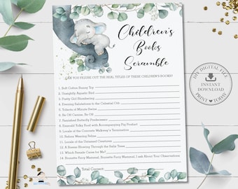 Children's Book Scramble Game, INSTANT DOWNLOAD, Greenery Sleeping Elephant Baby Shower Storybook Quiz Card Activity, Diy PDF Printable EP10