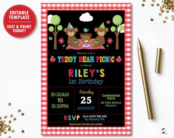 Teddy Bear Picnic Invitation, EDITABLE TEMPLATE, Teddy Bears Picnic Invite, Teddy Bear 1st Birthday Party Printable, INSTANT Download, TB1