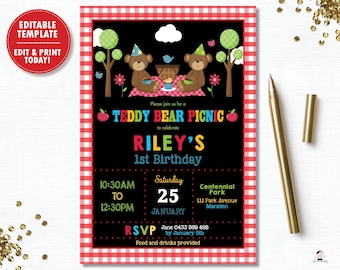 Teddy Bear Picnic Invitation, EDITABLE TEMPLATE, Teddy Bears Picnic Invite, Teddy Bear 1st Birthday Party Printable, INSTANT Download, TB1