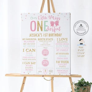 Lilla Fröken ONEderful 1-årsdagsmilstolpeskylt, REDIGERINGSBAR MALL, Rosa rosetter flickas första födelsestatistik affischdekor PDF DIREKT Nedladdning MO2 bild 4