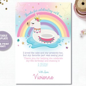 Llama Pool Party Thank You Card, Rainbow Llama Pool Birthday Party, Llama Printable, Cute Llama Floatie, Digital EDITABLE TEMPLATE, LF2