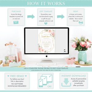 May include: A computer monitor displays a bridal shower invitation with floral accents and gold geometric shapes. The image includes text that says "Bridal Shower" and "Eloise Brown". The image also shows a mint green jar with pink flowers.