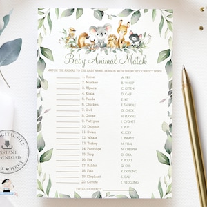 Baby Animal Match Game, INSTANT DOWNLOAD, Greenery Australian Animals Baby Shower Baby Animal Names Quiz Card Activity Diy PDF Printable AU5