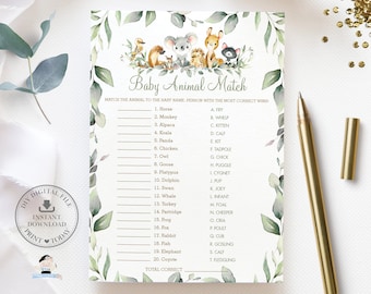 May include: A printable baby animal match game with a green and white leafy background. The game features 20 animals and their corresponding baby names. The game is perfect for a baby shower or gender reveal party.
