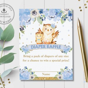 Búho diaper Raffle Card, Chic azul floral mamá búhos bebé niño ducha pañal Raffle ticket inserto, oro, Diy Pdf INSTANT Descargar, OW2