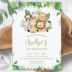 Invito di compleanno con animali della giungla MODELLO MODIFICABILE Tropical Greenery Carino verde foresta Safari Boy 1° compleanno Leone invito stampabile JA2