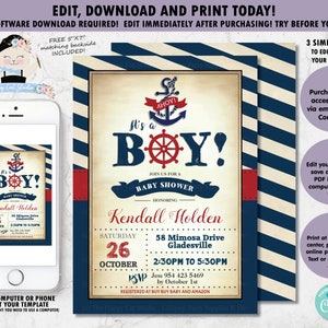 Vintage Nautical Baby Shower Invitation Sailor Anchor Baby Boy Shower Ahoy it&#39;s a boy Red Navy Nautical Printable Digital EDITABLE TEMPLATE
