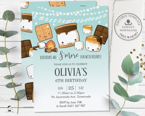 S'mores Invitation, EDITABLE TEMPLATE, Cute Kawaii Smore Birthday Party ...