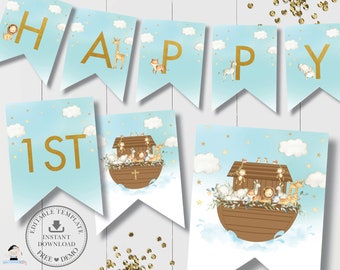 Noah's Ark Flag Banner EDITABLE TEMPLATE, Cute Twin Animals Blue Bunting Baby Shower Baptism Birthday Decor Printable, INSTANT Download, NA2