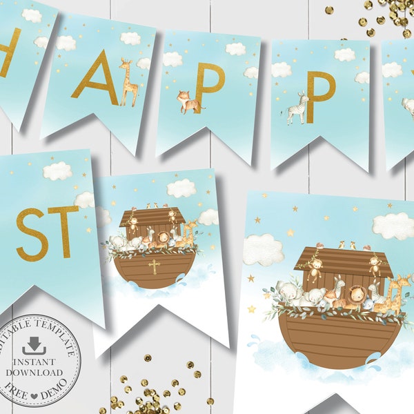 Noah's Ark Flag Banner EDITABLE TEMPLATE, Cute Twin Animals Blue Bunting Baby Shower Baptism Birthday Decor Printable, INSTANT Download, NA2