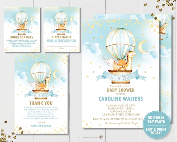 Hot Air Balloon Baby Shower Invitation Bundle Set, Diaper Raffle, Bring a Book, Thank You, Jungle Animals Printable, EDITABLE TEMPLATE, HB5 Il_570xn