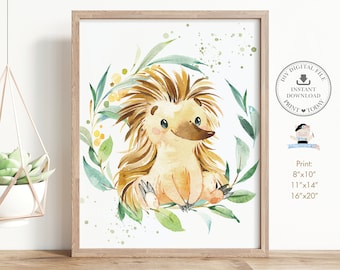 Echidna Nursery Wall Art, Cute Australian Animals Echidna Eucalyptus Greenery Printable, Whimsical Kids Room Decor Pdf, INSTANT DOWNLOAD AU1