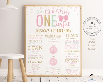 Little Miss ONEderful 1st Birthday Milestone Sign, EDITABLE TEMPLATE, Pink Bows Girl First Birth Stats Poster Decor Pdf INSTANT Download MO2