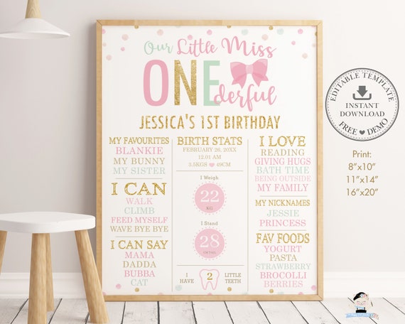 Little Miss ONEderful 1st Birthday Milestone Sign, EDITABLE TEMPLATE, Pink Bows Girl First Birth Stats Poster Decor Pdf INSTANT Download MO2 Il_570xn