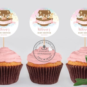 EDITABLE TEMPLATE Noah's Ark 2 Circle Labels, Cute Animals Cupcake Topper Sticker Favors Printable Baptism Baby Shower Birthday INSTANT NA2 image 1