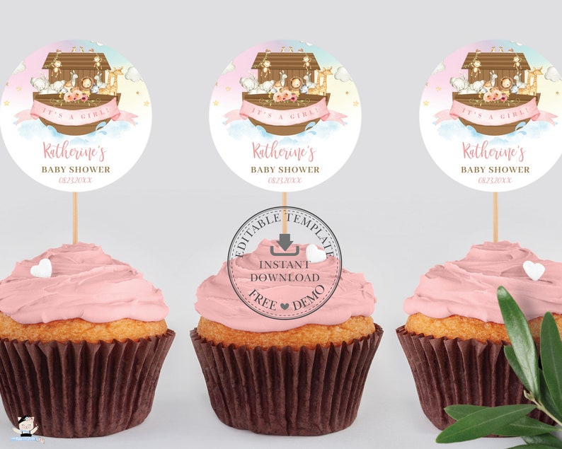 EDITABLE TEMPLATE Noah's Ark 2 Circle Labels, Cute Animals Cupcake Topper Sticker Favors Printable Baptism Baby Shower Birthday INSTANT NA2 image 1