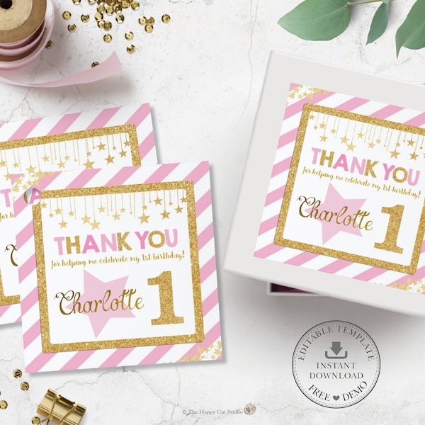 Twinkle Little Star Thank You Tags, EDITABLE TEMPLATE, Girl Chic Gold and Pink Favor Gift Labels Printable, 1st First Birthday Party, TW1