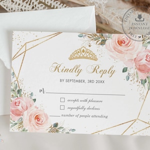 Chic Blush Pink Floral Rosen Blumen Gold Quinceanera XV Quitte 15 Sweet 16 Geburtstag Antwortkarte EDITIERBARE Vorlage Sofort-Download, QC1