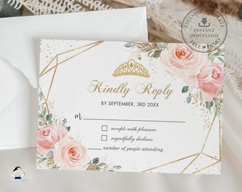 Chic Blush Pink Floral Roses Flowers Gold Quinceanera XV Quince 15 Sweet 16 Birthday RSVP Reply Card EDITABLE Template Instant Download, QC1