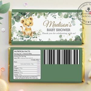 EDITABLE TEMPLATE Cute Lion Cub Greenery Baby Shower Jungle Animals 1st Birthday Chocolate Bar Wrappers Hershey Aldi Favor Printable, LN3 image 4