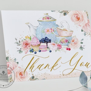 Chic Blush Pink Floral High Tea Party Gefaltet Zelt Danke Karte druckbar, SOFORT DOWNLOAD, Blumen Royal Braut Baby Shower Geburtstag, TP5