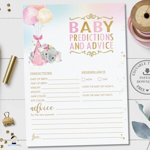 Prédictions de bébé et carte de conseils, MODÈLE MODIFIABLE, Éléphant Rose Ballon Fille Baby Shower Jeu Activité Diy Pdf Imprimable INSTANT Fichier EP3